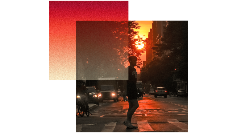 A collage showing a red square with orange-to-red gradient and a square of a person standing in an urban neighborhood on a hot day