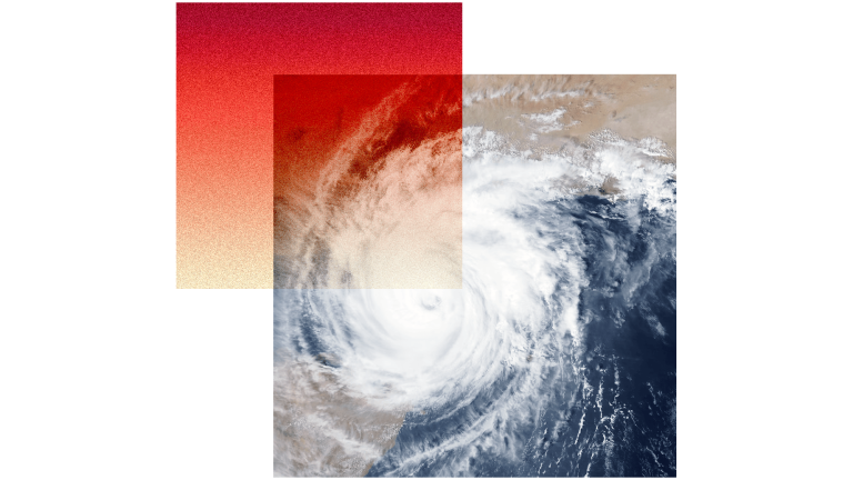 A collage showing a red square with orange-to-red gradient and a square of a hurricane