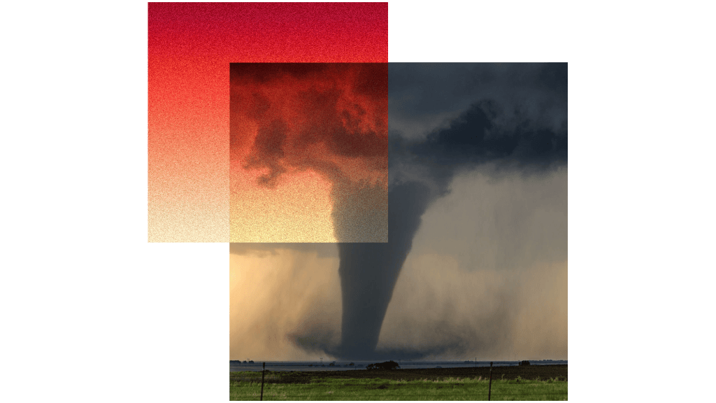 A collage showing a red square with orange-to-red gradient and a square of a tornado