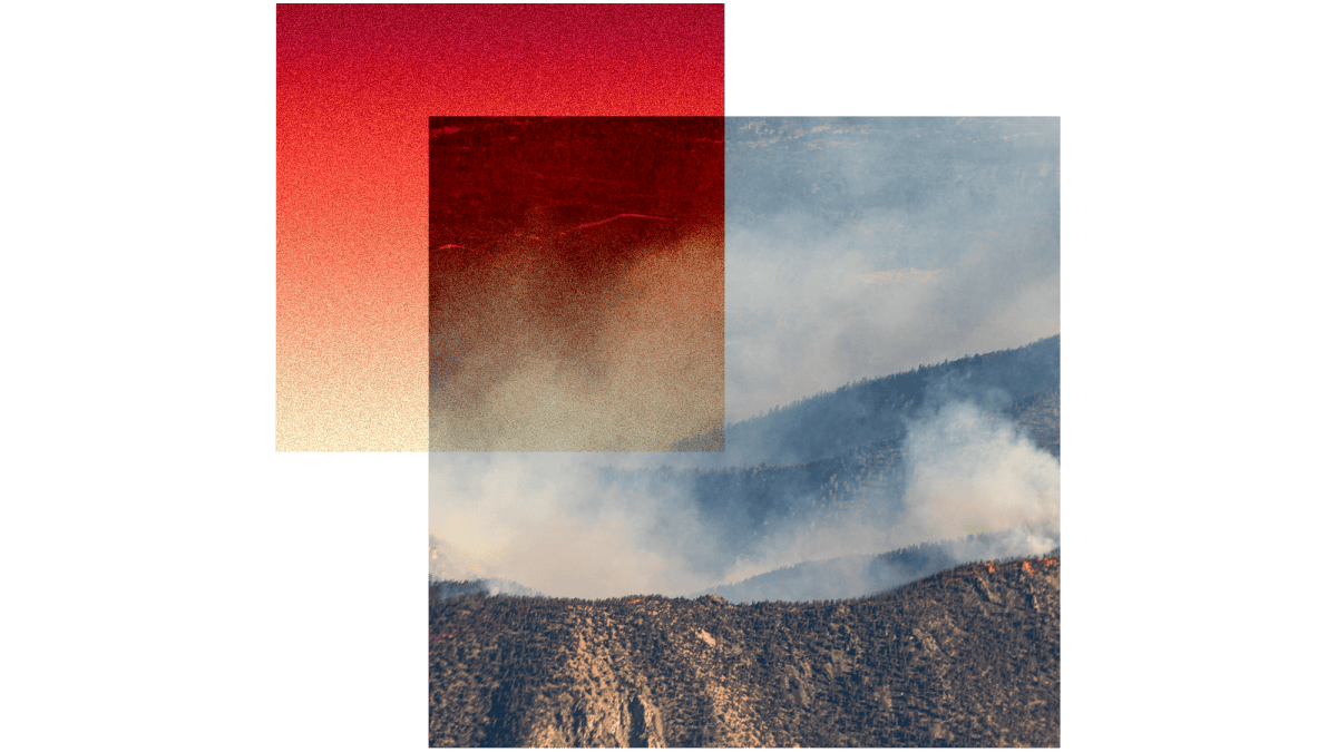 A collage showing a red square with orange-to-red gradient and a square of a hills with wildfire smoke