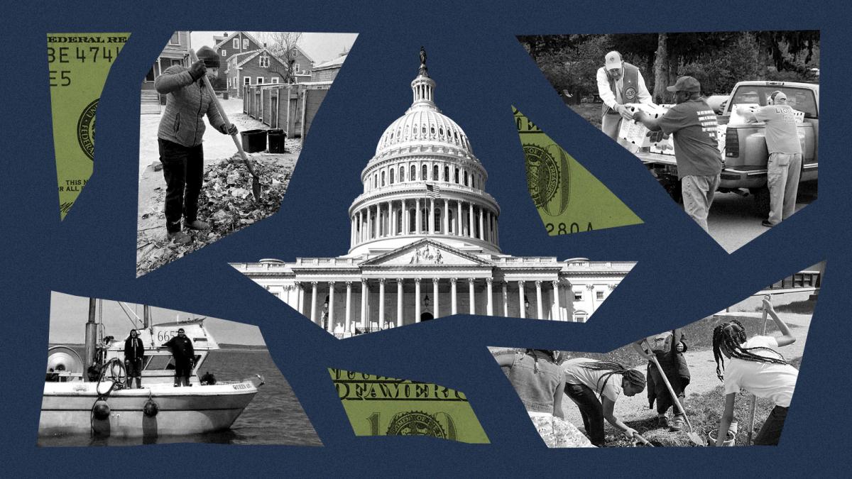 Collage of Capitol building, snippets of dollar bills, and photos of climate-related work