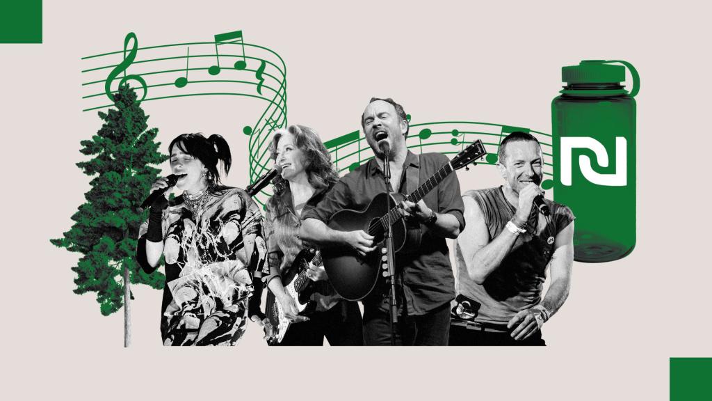 digital collage of Billie Eilish, Bonnie Raitt, Dave Matthews, and Chris Martin, with a tree, music notes, and a nalgene water bottle