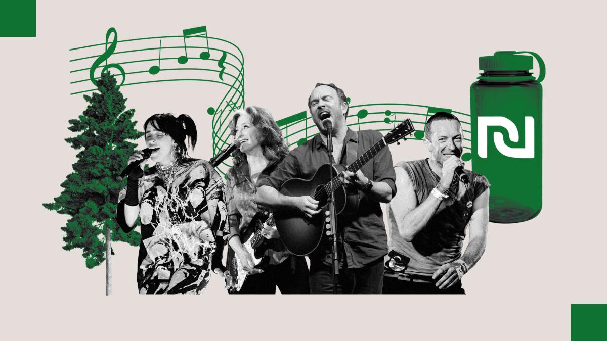digital collage of Billie Eilish, Bonnie Raitt, Dave Matthews, and Chris Martin, with a tree, music notes, and a nalgene water bottle