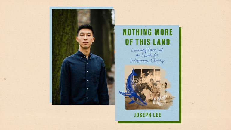 Photo of Joseph Lee beside book cover for Nothing More of This Land