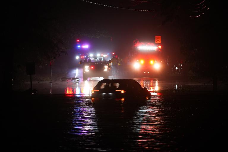 PLAINFIELD, NJ - JUL 15: A view of flooded streets as Governor Phil Murphy declared a state of emergency for New Jersey as considerable rain fell the evening of July 14 with more expected as the night progresses in Plainfield in New Jersey, United States on July 15, 2025.