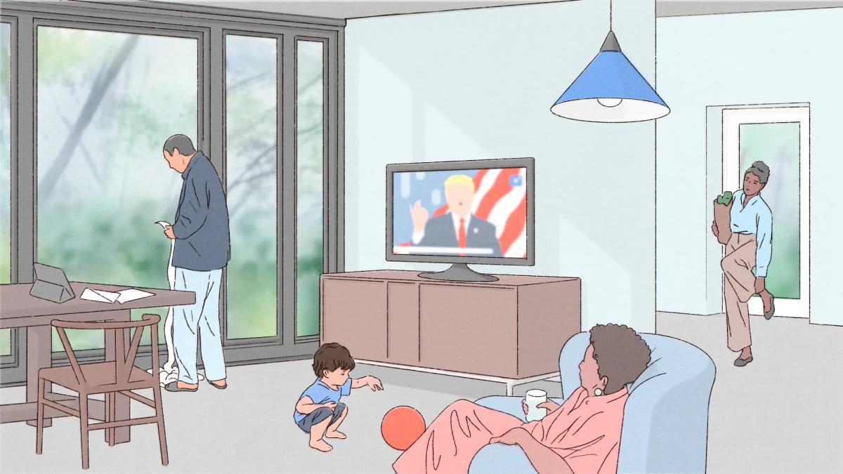 Illustration of family inside their home with Trump on television