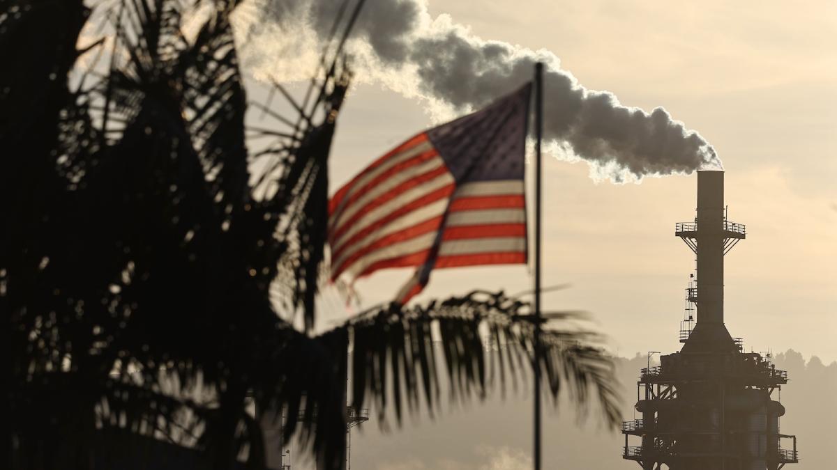 An American flag flies near the Phillips 66 Los Angeles Refinery Wilmington Plant on November 19, 2024 in Wilmington, California.