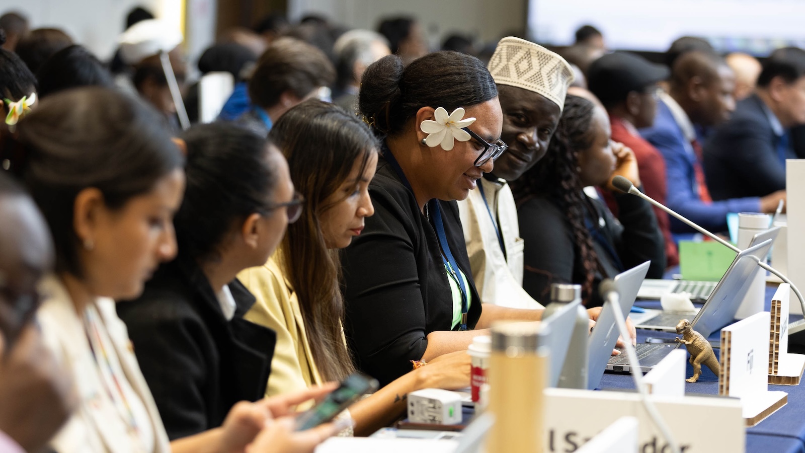 Side view of delegates seated at a long table, mostly looking at their desks.