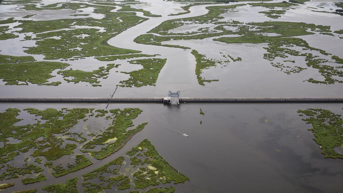 The Lake Borgne Surge Barrier straddles wetlands near New Orleans, Louisiana. The U.S. Army Corps of Engineers built the barrier after Hurricane Katrina to protect the city from storm surge.
