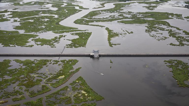 The Lake Borgne Surge Barrier straddles wetlands near New Orleans, Louisiana. The U.S. Army Corps of Engineers built the barrier after Hurricane Katrina to protect the city from storm surge.