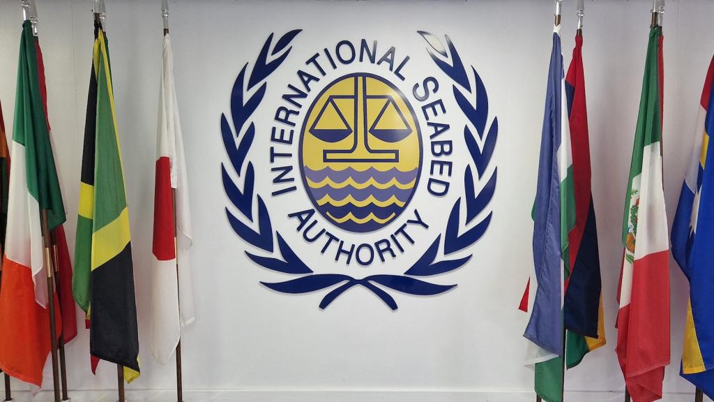 This photo shows the logo of the International Seabed Authority in Kingston, Jamaica.
