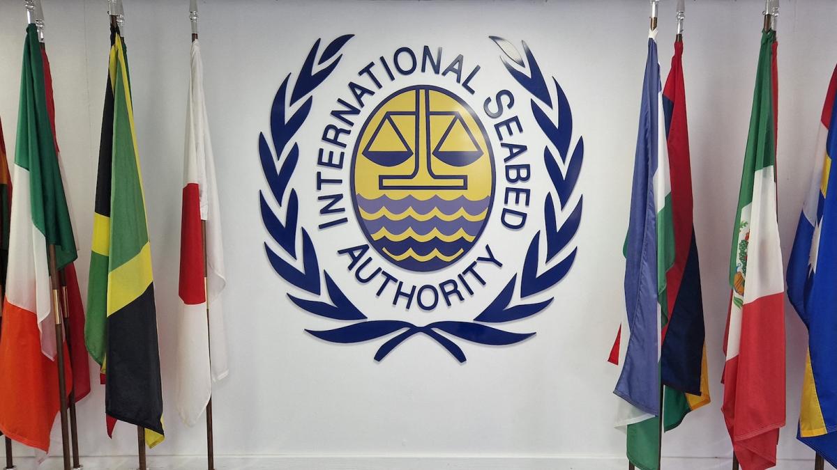 This photo shows the logo of the International Seabed Authority in Kingston, Jamaica.