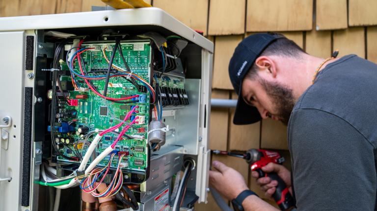 An electrician working with a heating, ventilation and air conditioning company, or HVAC, prepares the Mitsubishi condenser/compressor used to connect a residential heat pump system July 21, 2025 in Charlotte, Vermont.