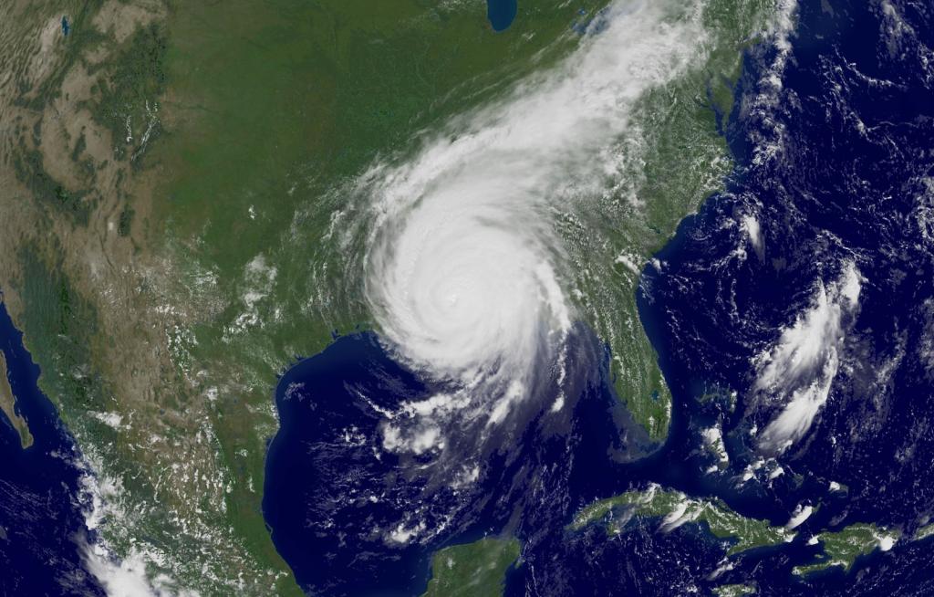 A satellite image shows Hurricane Katrina swirling over the Gulf Coast
