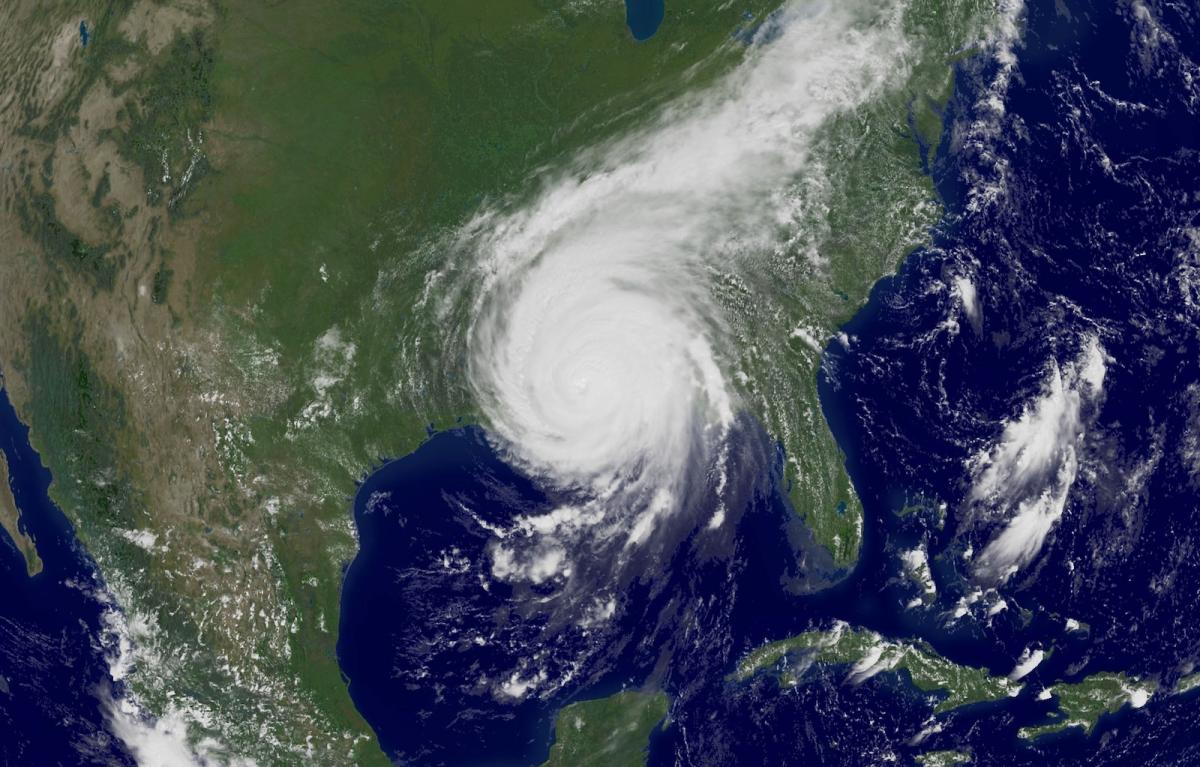 A satellite image shows Hurricane Katrina swirling over the Gulf Coast