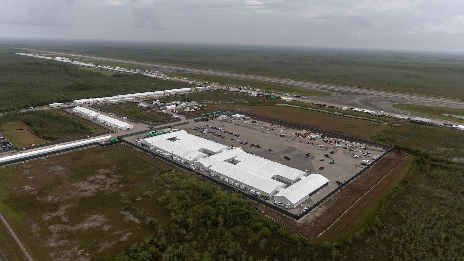The Immigration and Custom Enforcement immigration detention center known as Alligator Alcatraz is seen in an aerial shot of the Everglades.