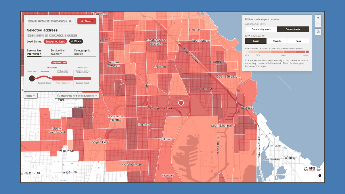 a choropleth map of Chicago showing various shades of red indicating lead service pipe density by neighborhood