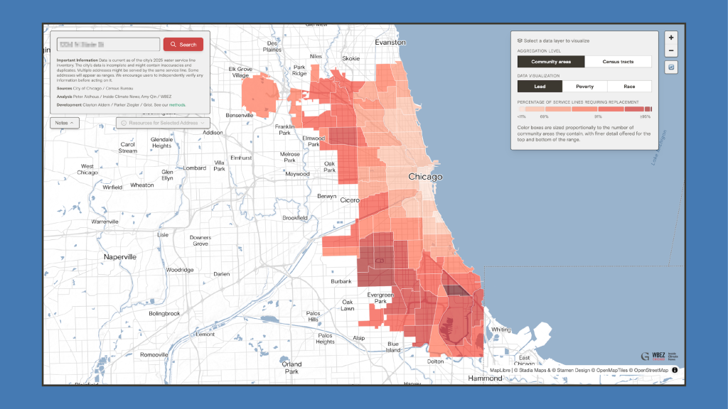 a choropleth map of Chicago showing various shades of red indicating lead service pipe density by neighborhood