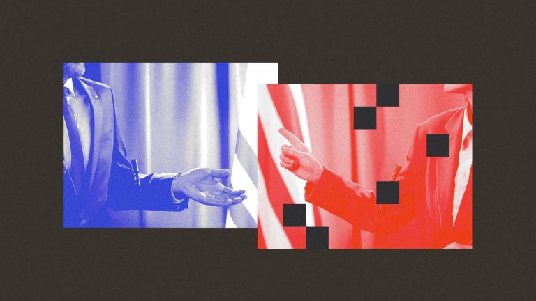 Collage of two people debating — one side blue-tinted and one side red-tinted with pieces of the photo missing