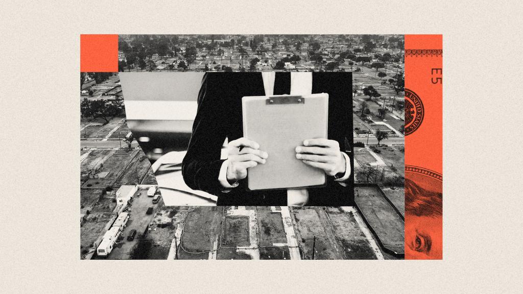 Collage of Altadena after the Eaton Fire, man holding a clipboard, and a snippet of a dollar bill