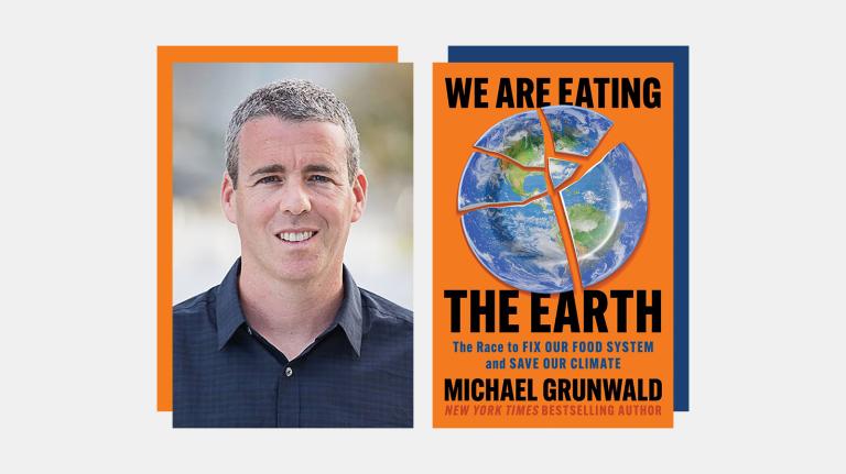 Photo of Michael Grunwald beside the book cover for We Are Eating the Earth