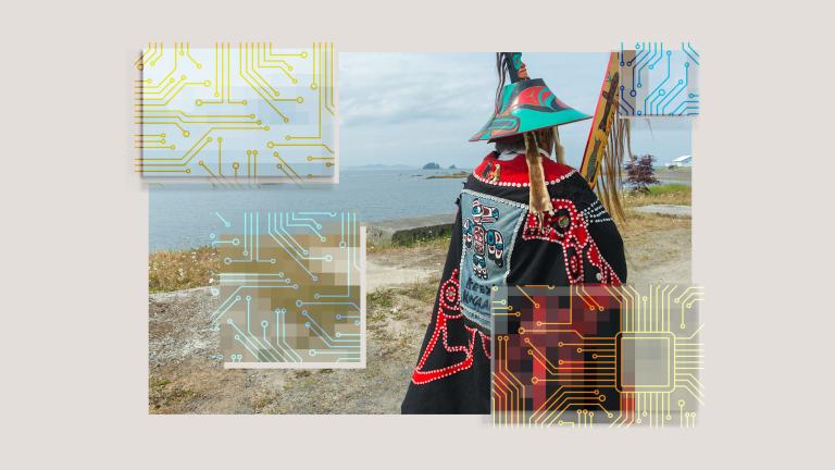 digital collage of Tlingit person wearing traditional clothing with digital patterns on top