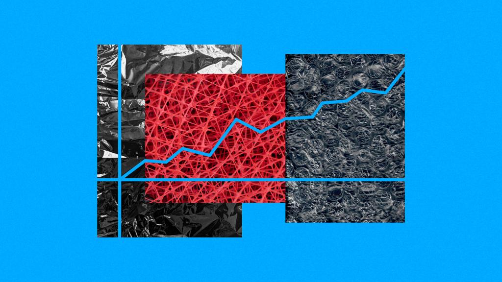A collage of three photos of plastic (a bag, some fencing, and some bubble wrap) overlaid with a gestural blue line chart on a blue background. The bag and bubble wrap are grey and the fencing is red.