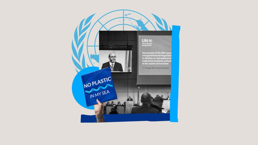 digital collage with UN logo, a hand holding a sign that reads no plastic in my sea, and a man speaking at a podium
