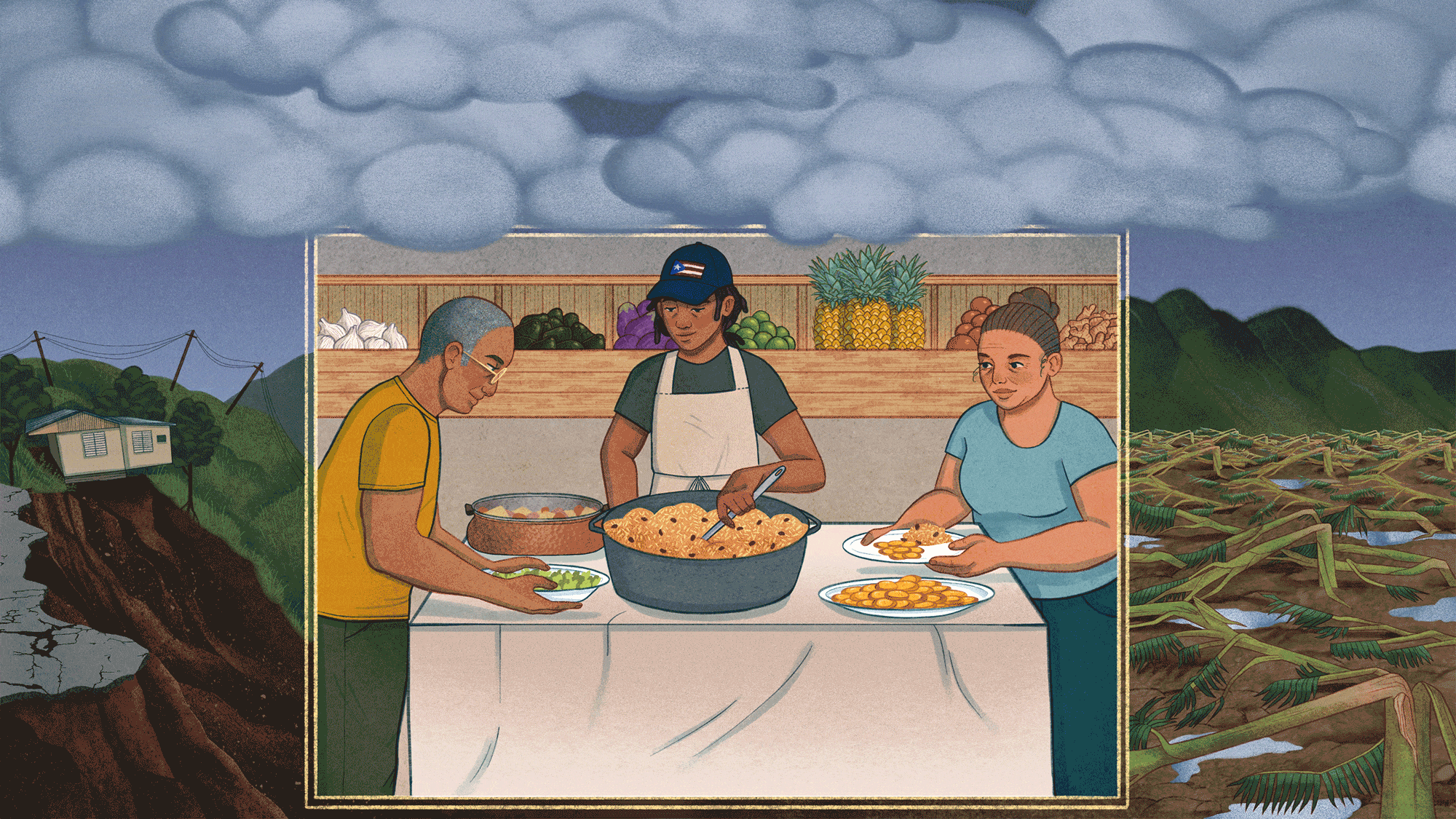 An animated illustration of a group of people cooking a communal meal inside a rectangular vignette. Outside of the rectangle, storm-damaged houses and crops show hurricane destruction. Above, dark clouds hover over everything with a slight movement.