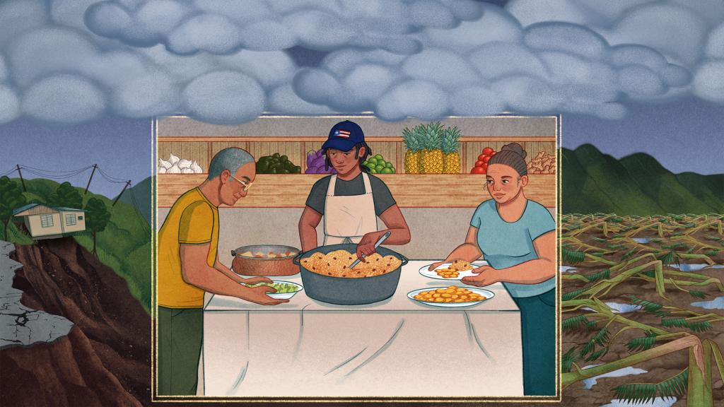 An illustration of a group of people cooking a communal meal inside a rectangular vignette. Outside of the rectangle, storm-damaged houses and crops show hurricane destruction. Above, dark clouds hover over everything.