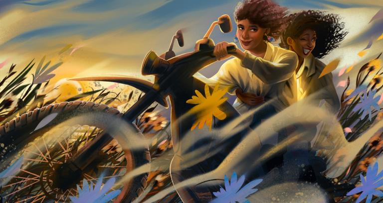 Illustration portrays two young women riding on a motorcycle through a field of flowers
