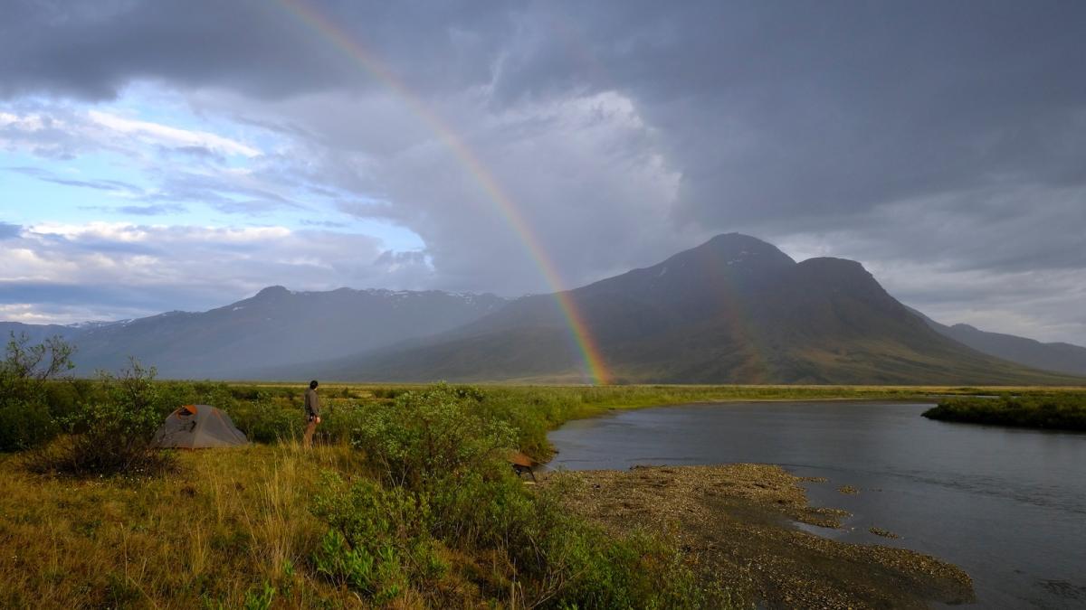A double rainbow is seen from the Noatak River in Gates of the Arctic National Park, Alaska.