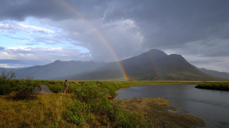 A double rainbow is seen from the Noatak River in Gates of the Arctic National Park, Alaska.