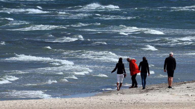 Four people are shown walking on a beach