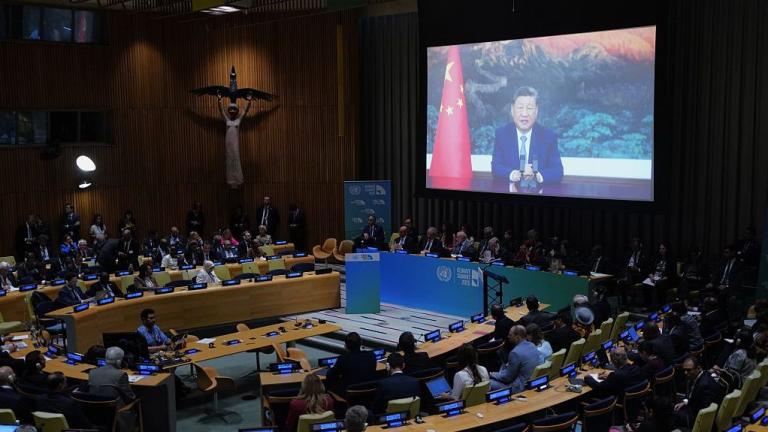 Presiden Xi Jinping on a giant screen in United Nations meeting room