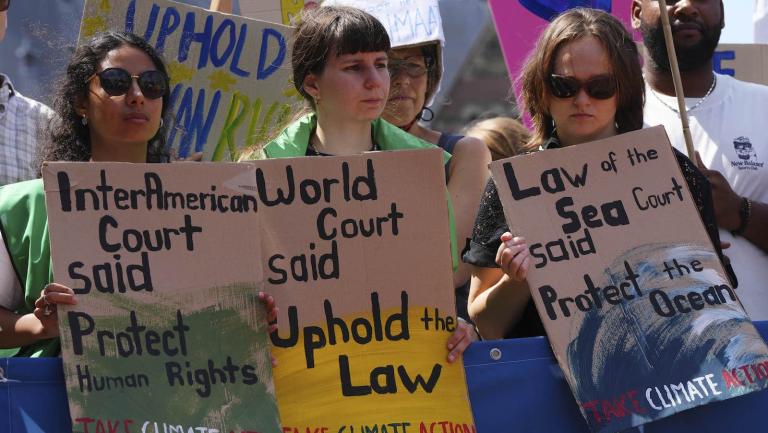Activists demonstrate outside the International Court of Justice in July 2025.
