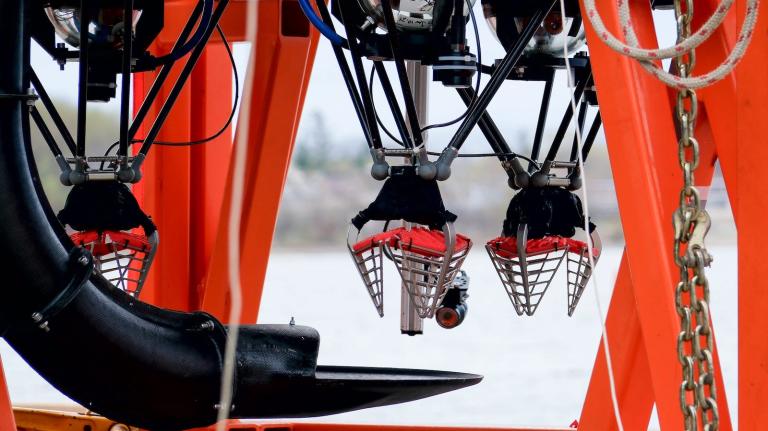 Close up of the robotic arm of the Eureka II, a robotic underwater vehicle of Impossible Metals in Collingwood, Ontario, on May 1, 2025.