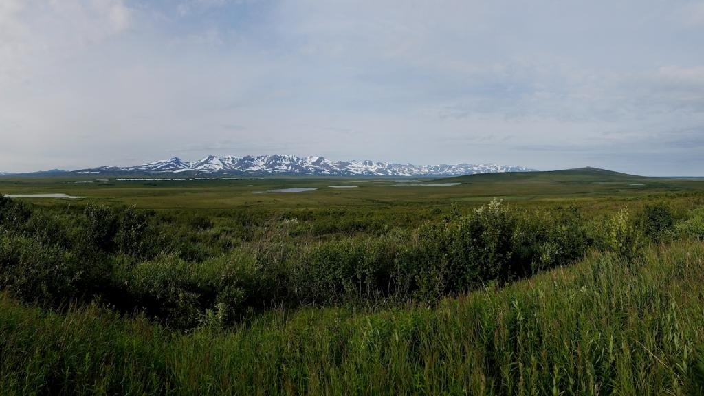 A panoramic view of the Kigluaik Mountains in western Alaska is seen from the road between the towns of Nome and Mary's Igloo.
