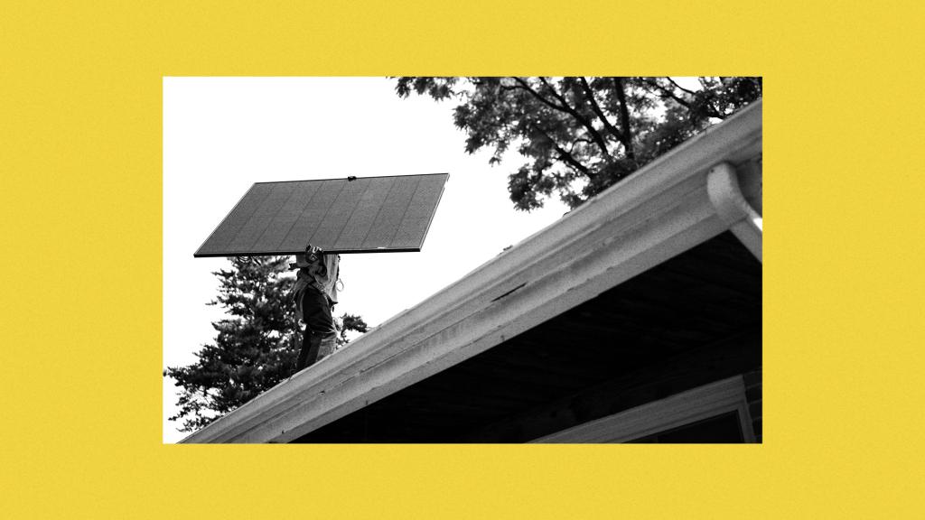 Photo of person carrying a solar panel on a roof inset on a yellow background