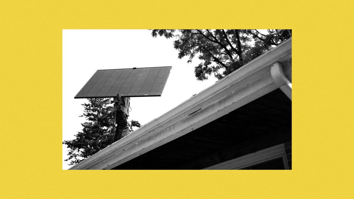 Photo of person carrying a solar panel on a roof inset on a yellow background