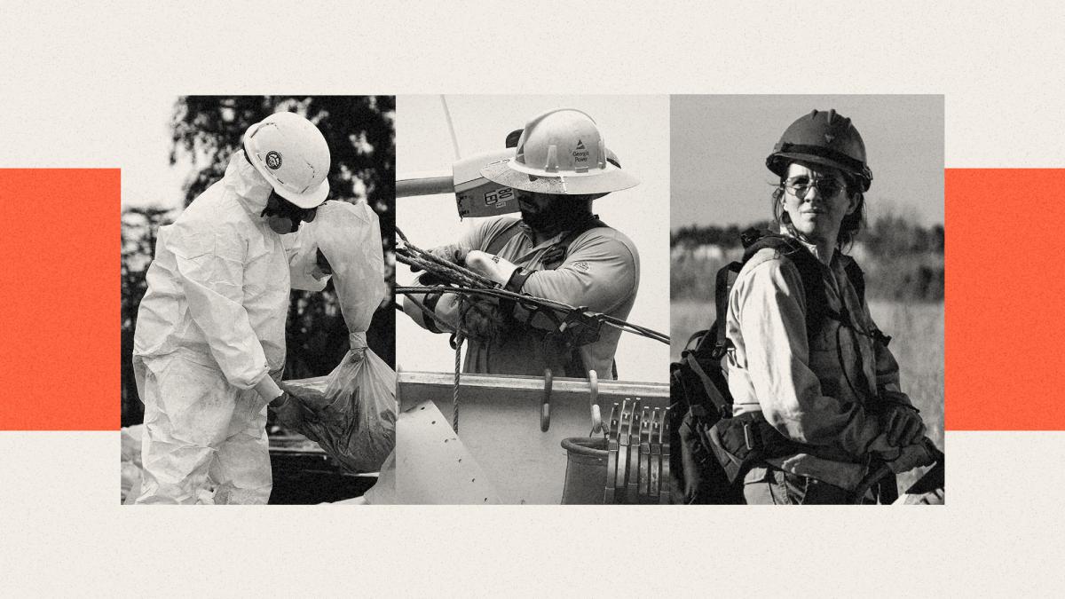 Collage of a worker wearing a hazmat suit cleaning up after wildfire, a worker repairing a power line, and a firefighter standing in a field
