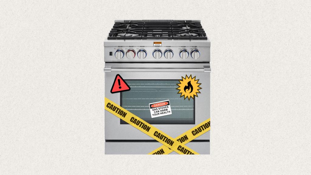 digital collage of gas stove with warning stickers and caution tape on it