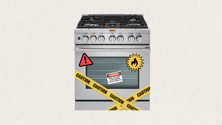 digital collage of gas stove with warning stickers and caution tape on it