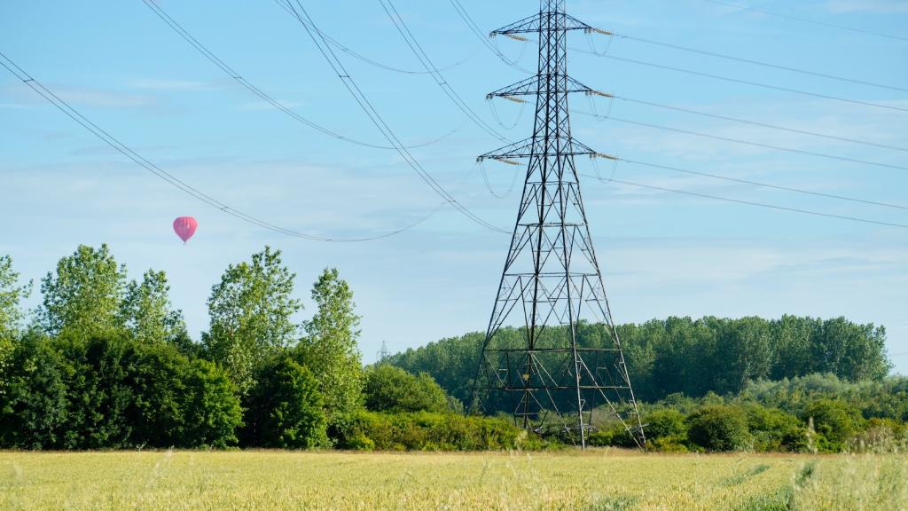 A line of high voltage electrical pylons is seen in a field.