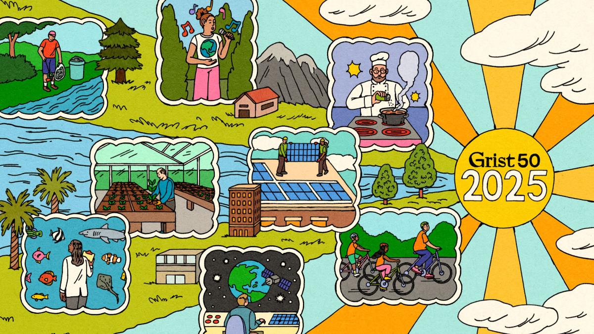 Illustration of sunny landscape featuring vignettes of various climate-focused folks — a chef cooking on an electric stove, two people installing solar panels, a cyclist leading a bike ride, an engineer monitoring emissions with a satellite