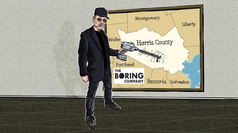 An illustration of Elon Musk in black pants, a black jacket, and a black cap while he holds a drill up to a map of Texas