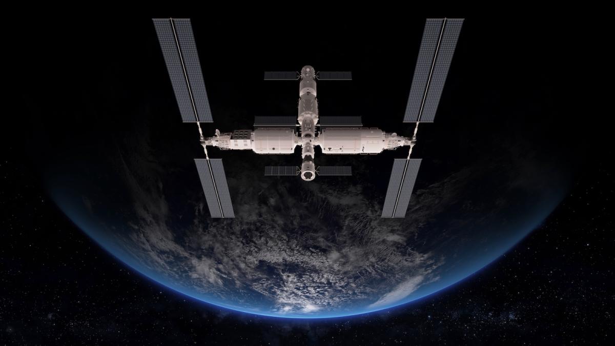 the Chinese space station Tiangong is seen orbiting Earth.