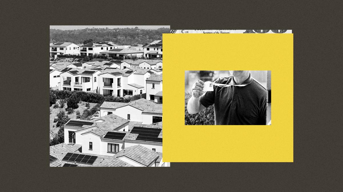 Collage of solar panels on roofs beside a door-to-door salesperson