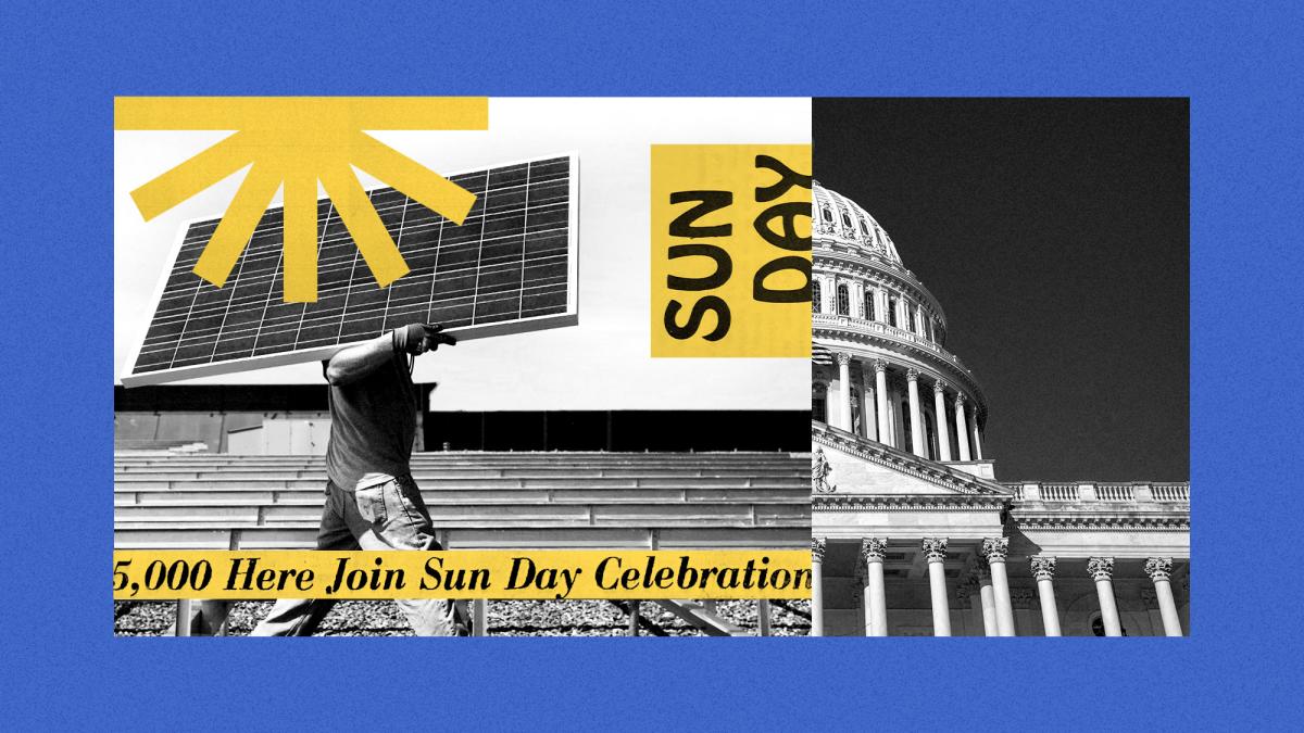 Collage of worker carrying solar panel, archival material from Sun Day 1978, and view of Capitol building