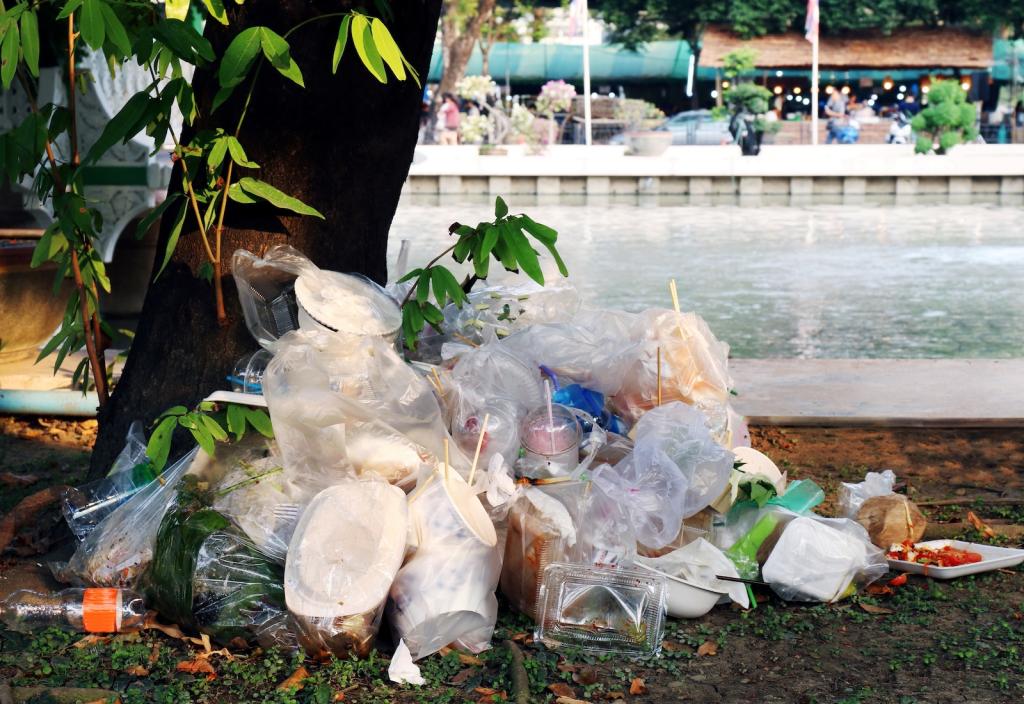 Trash bags and other plastic refuse under a tree, with river in background